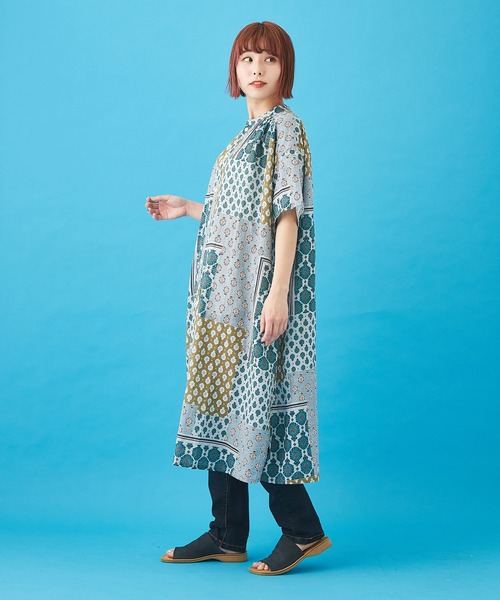 CUBE SUGAR（キューブシュガー）の「ボイル 総柄プリント ギャザーワンピース（シャツワンピース・レディース・ネイビー/ベージュ/サックスブルー/グレー・M）」の14枚目の写真