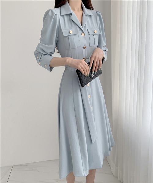 ゴールドボタン トレンチ風ベルト付前開きロングワンピース