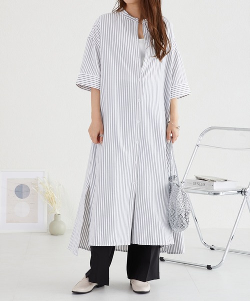acro（アクロ）の「ストライプシャツワンピース/AC1056（シャツワンピース・レディース・ブルー/ネイビー/ベージュ/カーキ/ブラック・ﾌﾘ-）」の4枚目の写真