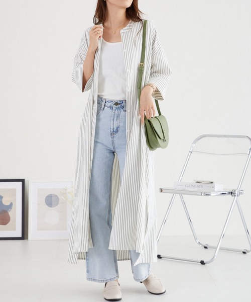 acro（アクロ）の「ストライプシャツワンピース/AC1056（シャツワンピース・レディース・ブルー/ネイビー/ベージュ/カーキ/ブラック・ﾌﾘ-）」の3枚目の写真