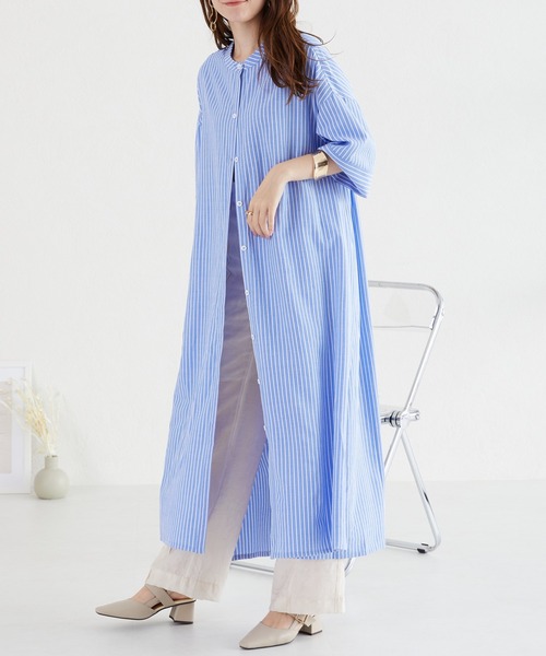 acro（アクロ）の「ストライプシャツワンピース/AC1056（シャツワンピース・レディース・ブルー/ネイビー/ベージュ/カーキ/ブラック・ﾌﾘ-）」の5枚目の写真