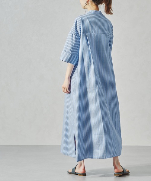 acro（アクロ）の「ストライプシャツワンピース/AC1056（シャツワンピース・レディース・ブルー/ネイビー/ベージュ/カーキ/ブラック・ﾌﾘ-）」の15枚目の写真