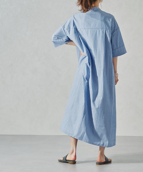 acro（アクロ）の「ストライプシャツワンピース/AC1056（シャツワンピース・レディース・ブルー/ネイビー/ベージュ/カーキ/ブラック・ﾌﾘ-）」の16枚目の写真
