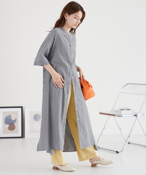 acro（アクロ）の「ストライプシャツワンピース/AC1056（シャツワンピース・レディース・ブルー/ネイビー/ベージュ/カーキ/ブラック・ﾌﾘ-）」の18枚目の写真