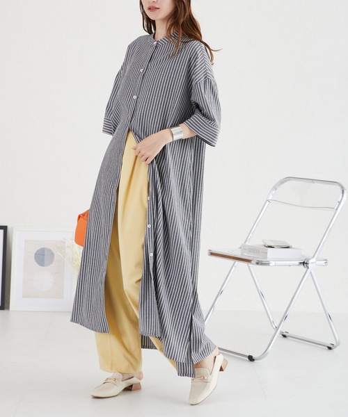 acro（アクロ）の「ストライプシャツワンピース/AC1056（シャツワンピース・レディース・ブルー/ネイビー/ベージュ/カーキ/ブラック・ﾌﾘ-）」の20枚目の写真