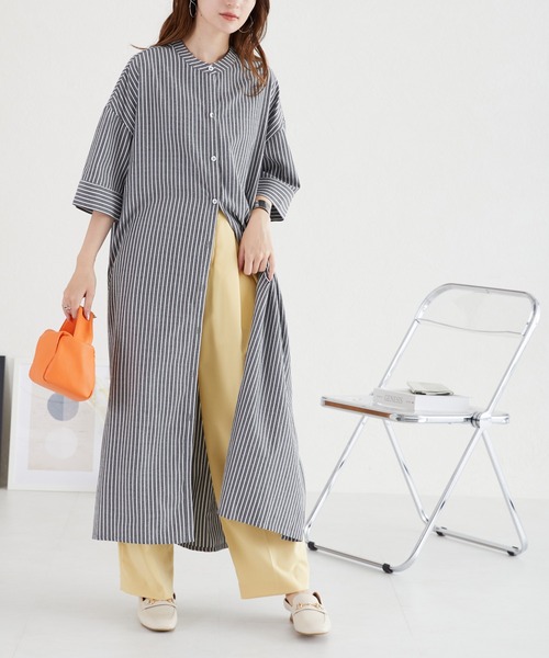 acro（アクロ）の「ストライプシャツワンピース/AC1056（シャツワンピース・レディース・ブルー/ネイビー/ベージュ/カーキ/ブラック・ﾌﾘ-）」の21枚目の写真