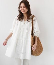 コットンカットワーク刺繍ティアードブラウス◆