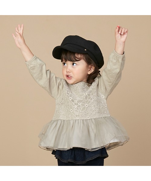 petit main(プティマイン)の「レース×チュール長袖チュニックT(Tシャツ/カットソー・キッズ・ピンク/オフホワイト/ライトカーキ・100cm/90cm/130cm/120cm/110cm/80cm)」の2枚目の写真