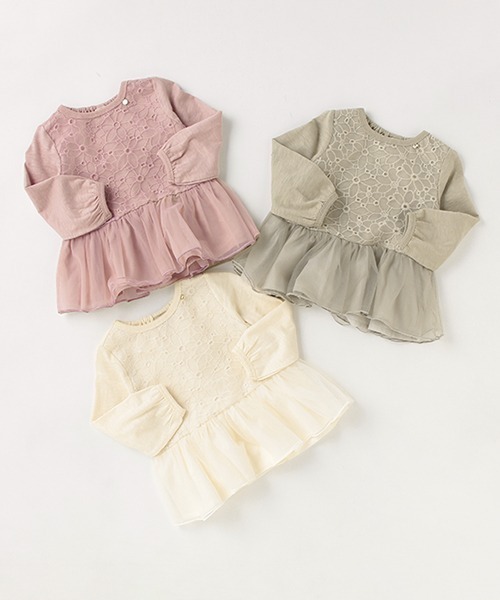 petit main(プティマイン)の「レース×チュール長袖チュニックT(Tシャツ/カットソー・キッズ・ピンク/オフホワイト/ライトカーキ・100cm/90cm/130cm/120cm/110cm/80cm)」の13枚目の写真