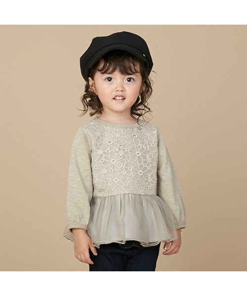 petit main(プティマイン)の「レース×チュール長袖チュニックT(Tシャツ/カットソー・キッズ・ピンク/オフホワイト/ライトカーキ・100cm/90cm/130cm/120cm/110cm/80cm)」の16枚目の写真