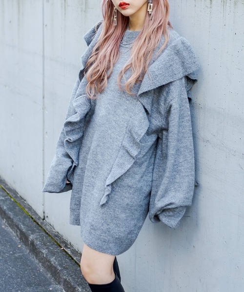 RASVOA（ラスボア）の「モヘアフリルニットワンピース（ワンピース・レディース・ブラック/グレー/オフホワイト・FREE）」の3枚目の写真