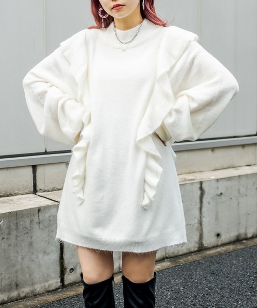 RASVOA（ラスボア）の「モヘアフリルニットワンピース（ワンピース・レディース・ブラック/グレー/オフホワイト・FREE）」の2枚目の写真