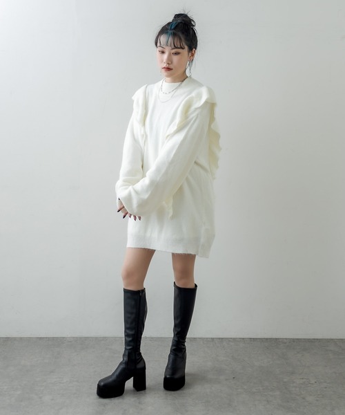 RASVOA（ラスボア）の「モヘアフリルニットワンピース（ワンピース・レディース・ブラック/グレー/オフホワイト・FREE）」の10枚目の写真