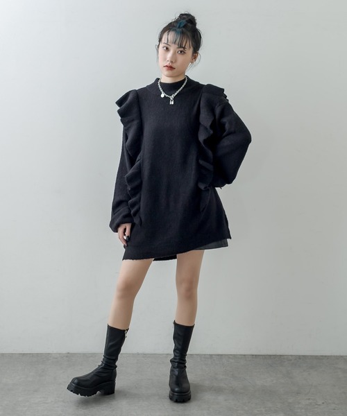 RASVOA（ラスボア）の「モヘアフリルニットワンピース（ワンピース・レディース・ブラック/グレー/オフホワイト・FREE）」の4枚目の写真