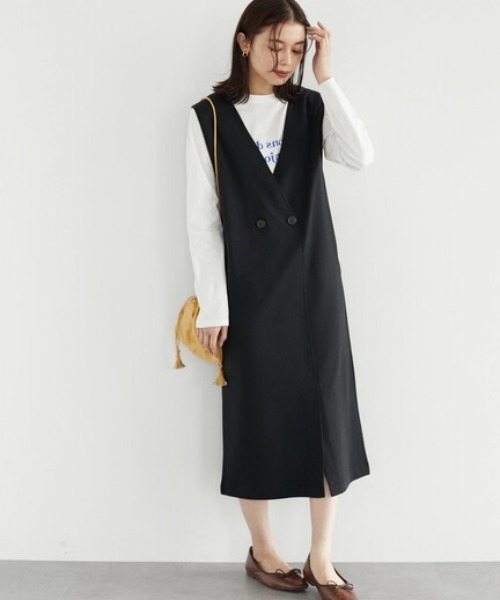 Green　Parks（グリーンパークス）の「ポンチジャンパードレス＊（ワンピース・レディース・ブラック/ベージュ・FREE）」の2枚目の写真