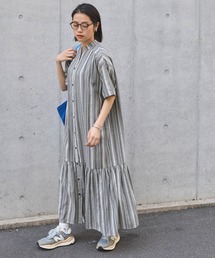 forksy. | 【forksy.】マルチストライプ裾ティアード半袖シャツワンピース(シャツワンピース)