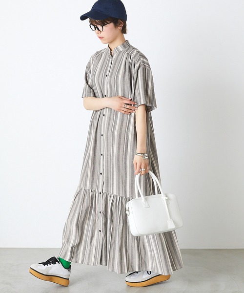セール】【forksy.】マルチストライプ裾ティアード半袖シャツ