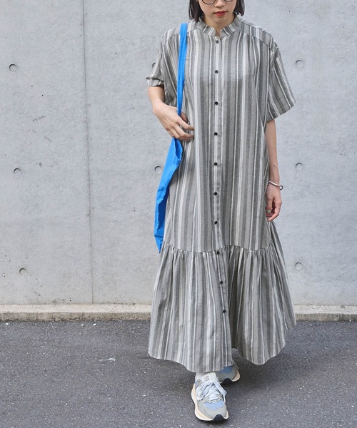 セール】【forksy.】マルチストライプ裾ティアード半袖シャツ