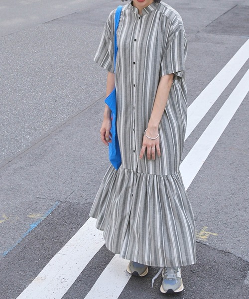 forksy.(フォルクシー)の「【forksy.】マルチストライプ裾ティアード半袖シャツワンピース(シャツワンピース・レディース・ブラック/ナチュラル・FREE)」の9枚目の写真