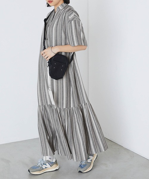 forksy.(フォルクシー)の「【forksy.】マルチストライプ裾ティアード半袖シャツワンピース(シャツワンピース・レディース・ブラック/ナチュラル・FREE)」の12枚目の写真