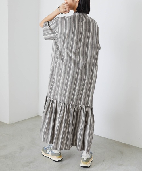 セール】【forksy.】マルチストライプ裾ティアード半袖シャツ