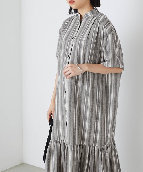forksy.】マルチストライプ裾ティアード半袖シャツワンピース forksy