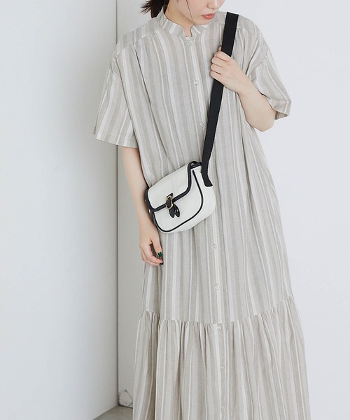 forksy.】マルチストライプ裾ティアード半袖シャツワンピース forksy