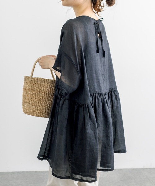 PUAL CE CIN(ピュアルセシン)の「【WEB限定/Du noir】ラミーリネン 後ろリボンブラウスギャザーブラウス(シャツ/ブラウス・レディース・ブラック/マスタード/ピンク・FREE)」の3枚目の写真