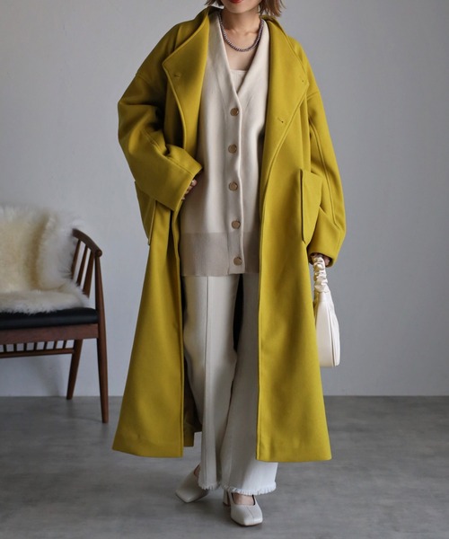 Bonjour Sagan（ボンジュールサガン）の「フェイクウールウエストリボンロングコート（ノーカラーコート・レディース・アイボリー/ブラック/マスタード・FREE）」の3枚目の写真