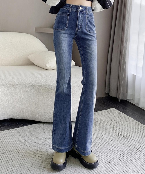 レディース ブーツカット風きれいめフレアデニムパンツ