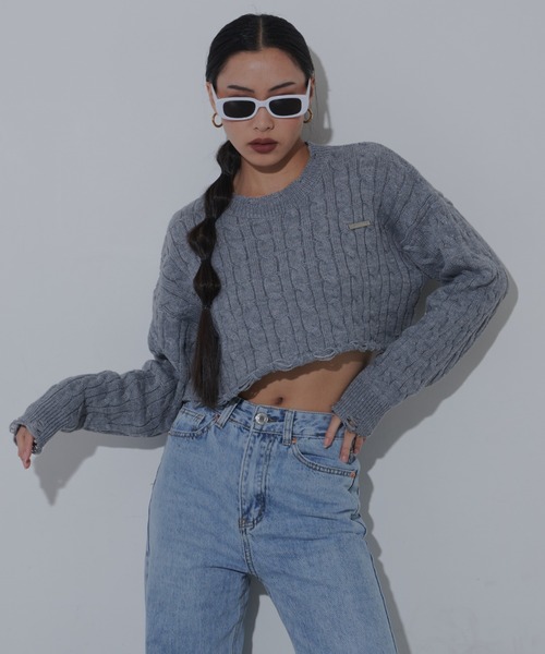 FIG&VIPER（フィグアンドバイパー）の「ダメージクロップドケーブルニット（ニット/セーター・レディース・グレー/アイボリー/ネイビー・FREE）」の15枚目の写真