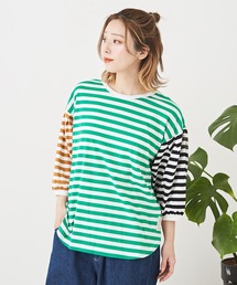 CUBE SUGAR（キューブシュガー）の「リサイクル天竺ボーダー前後着パフスリーブTシャツ（Tシャツ/カットソー）」