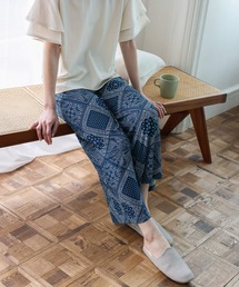 接触冷感 さらっとクールロングパンツ ルームウェア ルームパンツ 総柄ボトム リラックスパンツ ワイドパンツ
