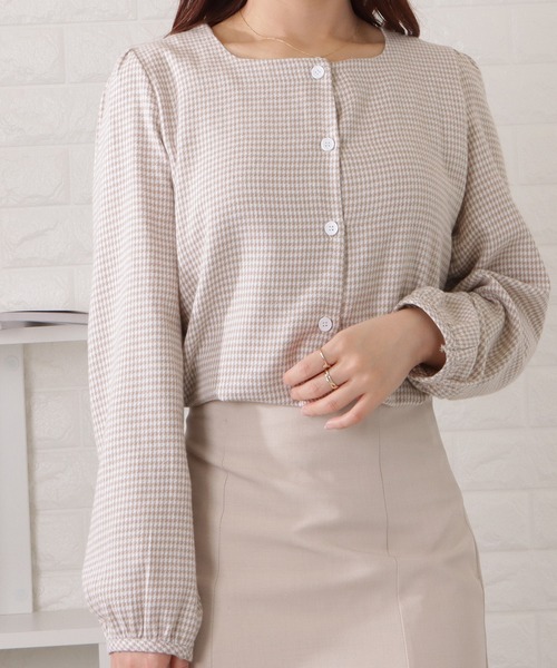 45R　フランネルシャツチュニック　フレアシルエット　千鳥格子　ゆったり　日本製 チュニック フレンチリネンセーラー風シャツチュニック