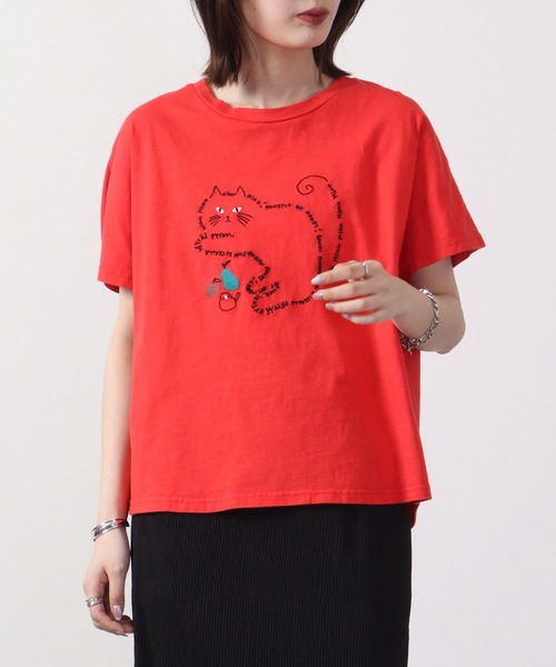 Emago（イマゴ）の「EMAGO ロゴネコ刺繍ドルマンT 半袖（Tシャツ/カットソー・レディース・ホワイト×グレー/レッド/ネイビー・FREE）」の19枚目の写真