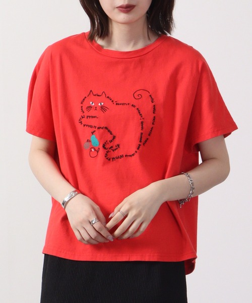 Emago（イマゴ）の「EMAGO ロゴネコ刺繍ドルマンT 半袖（Tシャツ/カットソー・レディース・ホワイト×グレー/レッド/ネイビー・FREE）」の20枚目の写真