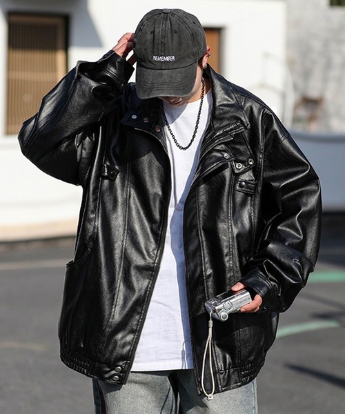 Theater code(シアターコード)の「▲high neck leather jacket/フェイクレザー ジャケット ハイネック(ライダースジャケット・メンズ・ブラック・XL/L)」の4枚目の写真