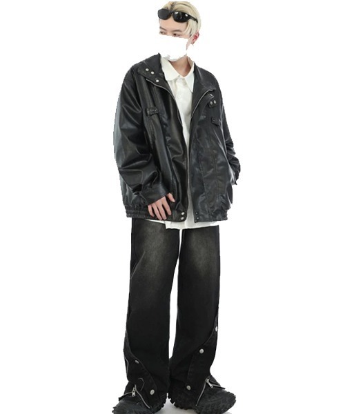 Theater code(シアターコード)の「▲high neck leather jacket/フェイクレザー ジャケット ハイネック(ライダースジャケット・メンズ・ブラック・XL/L)」の7枚目の写真