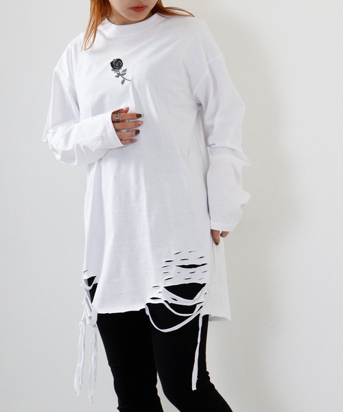 REGIEVO(レジエボ)の「Grunge long-sleeved T-shirt / グランジ加工ロンT unisex(Tシャツ/カットソー・メンズ・オフホワイト/ブラック系1/ブラック/ホワイト系1・M/L)」の22枚目の写真