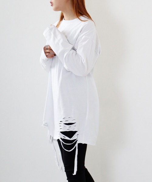 REGIEVO(レジエボ)の「Grunge long-sleeved T-shirt / グランジ加工ロンT unisex(Tシャツ/カットソー・メンズ・オフホワイト/ブラック系1/ブラック/ホワイト系1・M/L)」の21枚目の写真