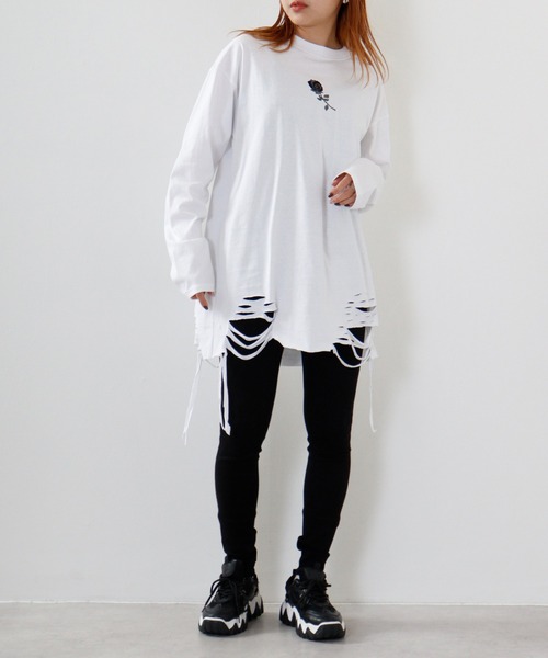 REGIEVO(レジエボ)の「Grunge long-sleeved T-shirt / グランジ加工ロンT unisex(Tシャツ/カットソー・メンズ・オフホワイト/ブラック系1/ブラック/ホワイト系1・M/L)」の18枚目の写真