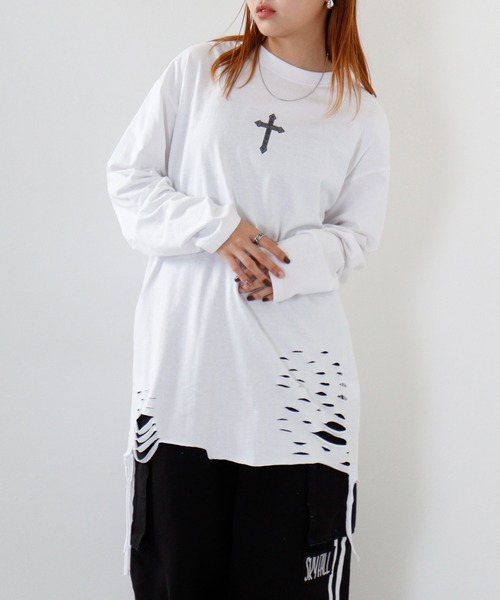 REGIEVO(レジエボ)の「Grunge long-sleeved T-shirt / グランジ加工ロンT unisex(Tシャツ/カットソー・メンズ・オフホワイト/ブラック系1/ブラック/ホワイト系1・M/L)」の17枚目の写真