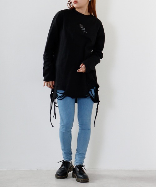 REGIEVO(レジエボ)の「Grunge long-sleeved T-shirt / グランジ加工ロンT unisex(Tシャツ/カットソー・メンズ・オフホワイト/ブラック系1/ブラック/ホワイト系1・M/L)」の8枚目の写真