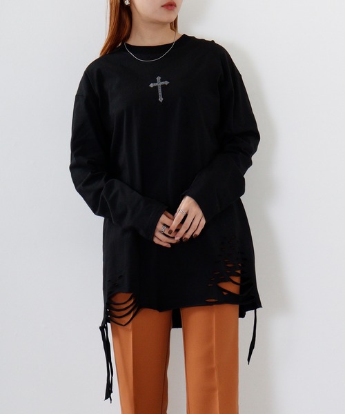 REGIEVO(レジエボ)の「Grunge long-sleeved T-shirt / グランジ加工ロンT unisex(Tシャツ/カットソー・メンズ・オフホワイト/ブラック系1/ブラック/ホワイト系1・M/L)」の7枚目の写真
