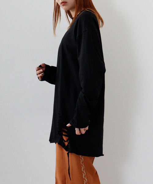 REGIEVO(レジエボ)の「Grunge long-sleeved T-shirt / グランジ加工ロンT unisex(Tシャツ/カットソー・メンズ・オフホワイト/ブラック系1/ブラック/ホワイト系1・M/L)」の6枚目の写真