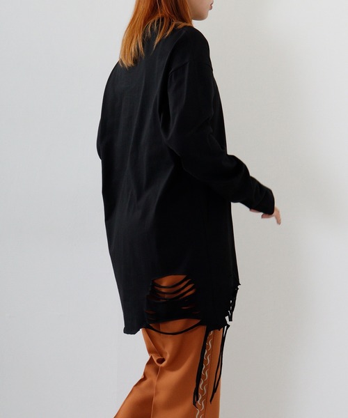 REGIEVO(レジエボ)の「Grunge long-sleeved T-shirt / グランジ加工ロンT unisex(Tシャツ/カットソー・メンズ・オフホワイト/ブラック系1/ブラック/ホワイト系1・M/L)」の5枚目の写真
