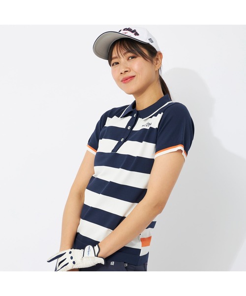 marie claire(マリ・クレール)の「marie claire GOLF/マリクレール ゴルフ ゴルフウェア ブランド ロゴ 軽量 撥水 モックネック 半袖 ニット ポロシャツ(ニット/セーター・レディース・オレンジ/ネイビー・LL/3L/M)」の2枚目の写真