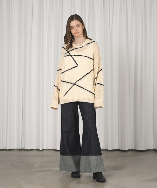 スティレラティーノ⭐️48⭐️セットアップ⭐️ベージュ　ウールコットン　アイボリー セール】LINE STITCH MESH SHEER KNIT/ラインステッチメッシュ