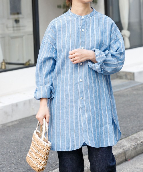 FORK&SPOON(フォークアンドスプーン)の「FORK&SPOON フレンチリネンバンドカラーロングシャツ(シャツ/ブラウス・レディース・ブルー系その他/ストライプ/ライトベージュ・1)」の13枚目の写真