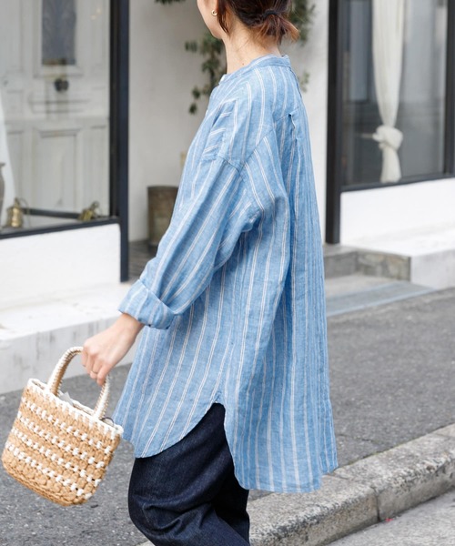 FORK&SPOON(フォークアンドスプーン)の「FORK&SPOON フレンチリネンバンドカラーロングシャツ(シャツ/ブラウス・レディース・ブルー系その他/ストライプ/ライトベージュ・1)」の14枚目の写真